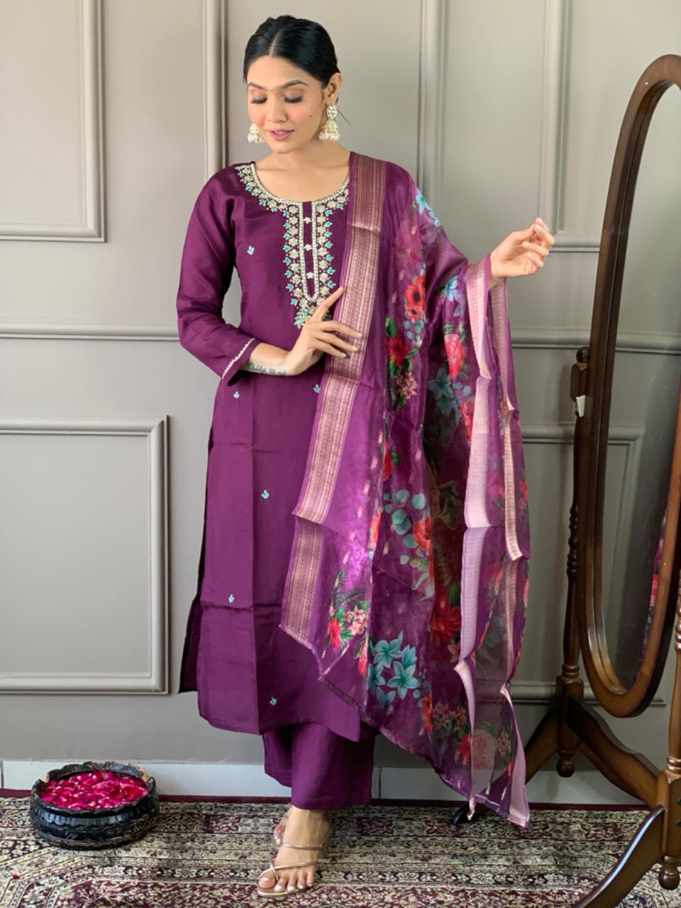 Women Wine Color Party Wear Embroidery Worked Kurta With Pant And Dupatta Set