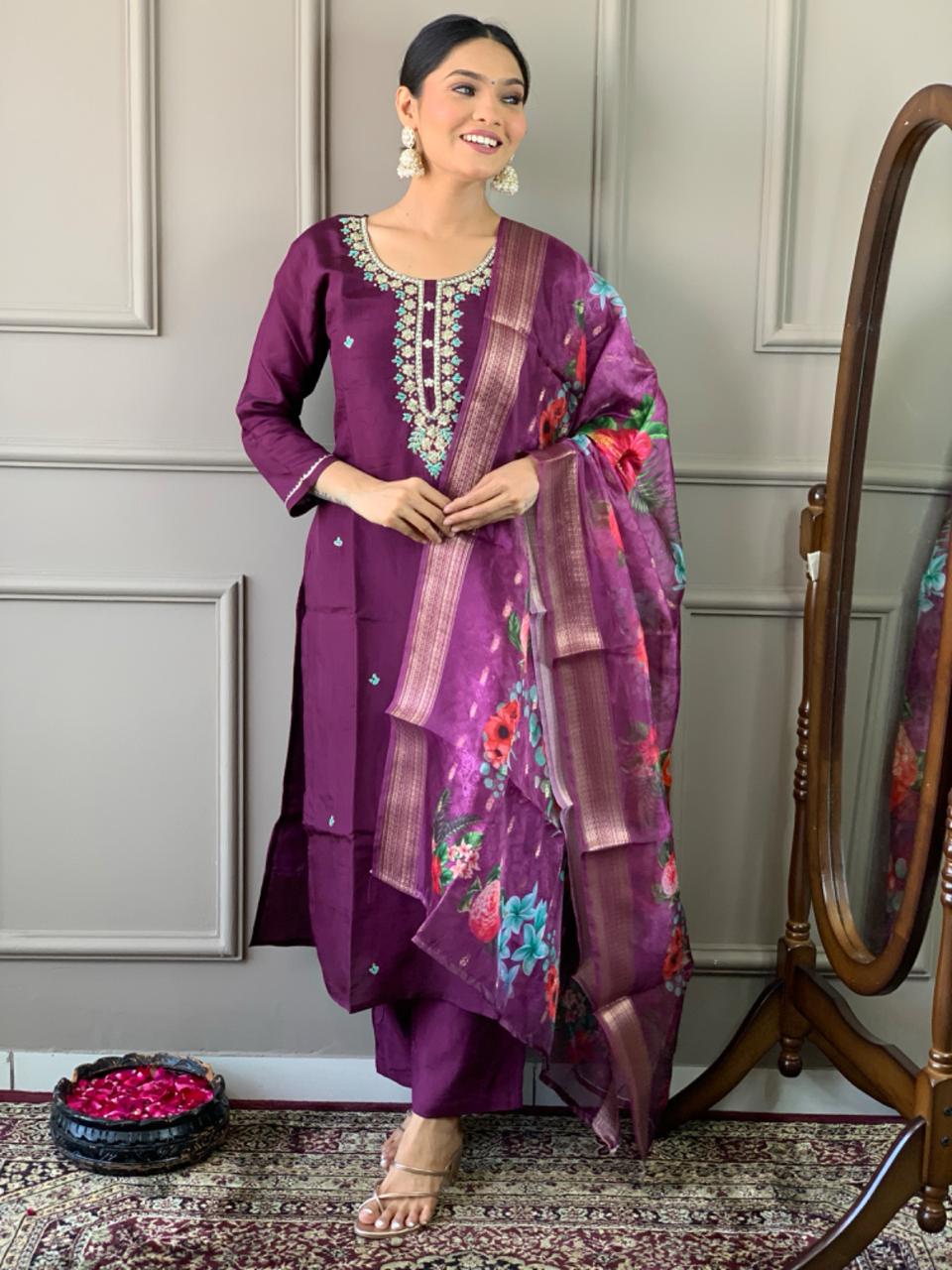 Women Wine Color Party Wear Embroidery Worked Kurta With Pant And Dupatta Set